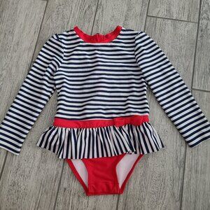 Cat & Jack Girls Long Sleeve blue red Striped Rash Guard Swimsuit - Size 4T